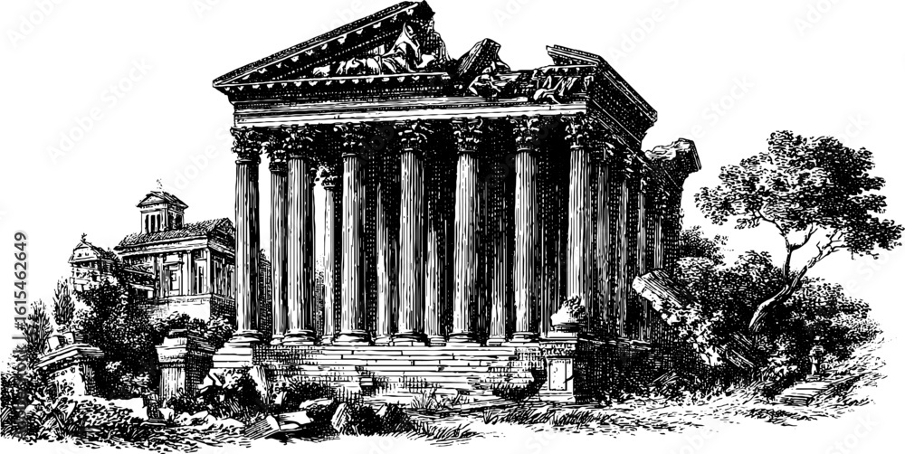 Obraz premium Historic temple ruins with broken pediment - vintage engraved illustration for design