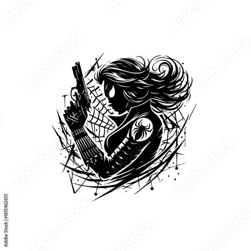 Illustration of a female assassin holding a gun with spider webs