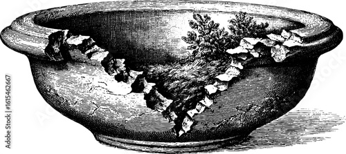Vintage engraved illustration of cracked terracotta pot with plant for design