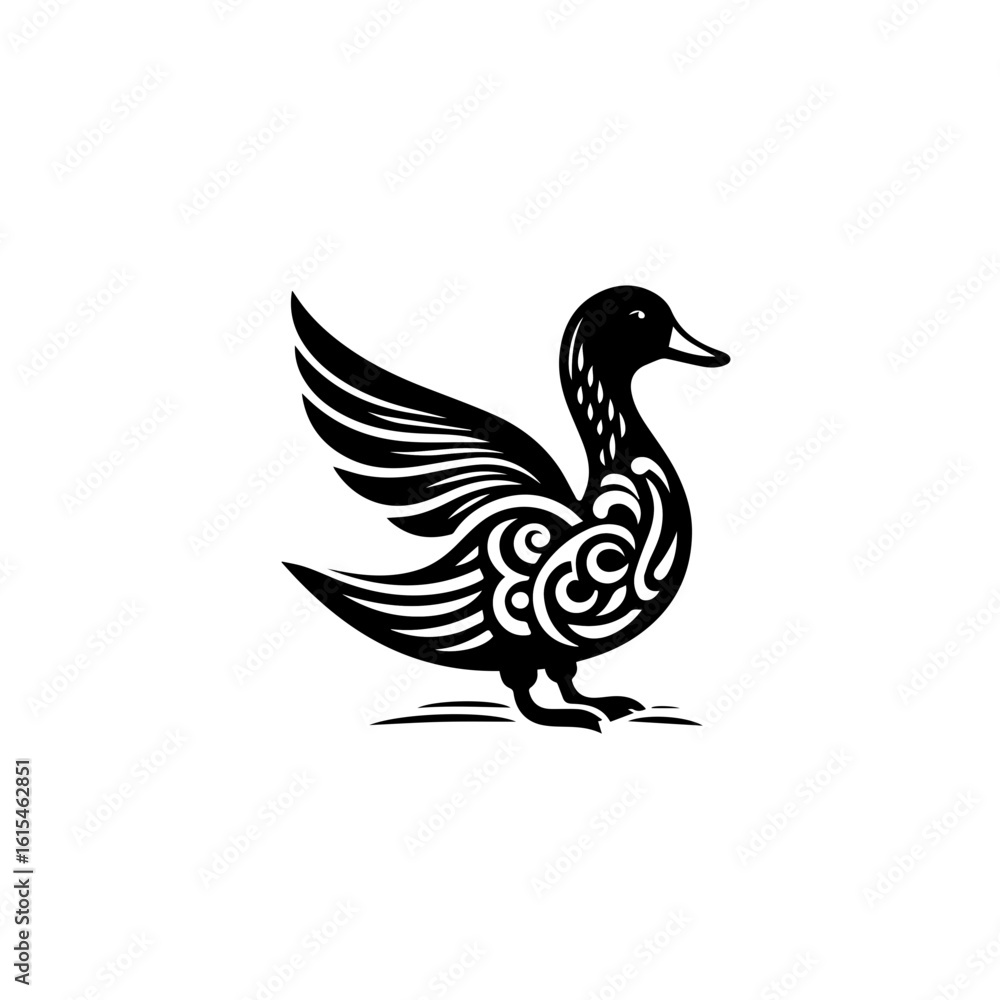 Fototapeta premium Ornate duck silhouette isolated on white background