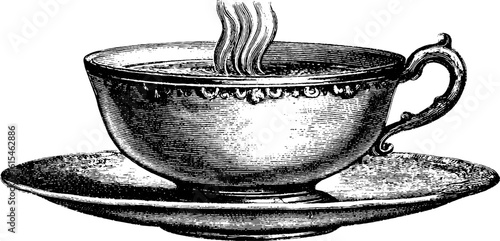 Vintage engraved illustration of a steaming tiny teacup for retro design