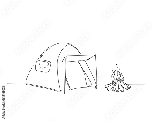 Wallpaper Mural Camping tent with campfire outline drawing illustration. one continuous line drawing of tent and bonfire. Torontodigital.ca