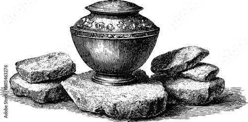 Vintage engraved urn on stone base – classic design for cards and posters
