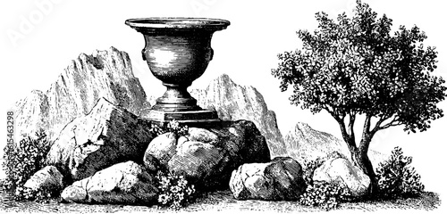 Vintage engraving of urn on stones with tree and mountain scene for retro design