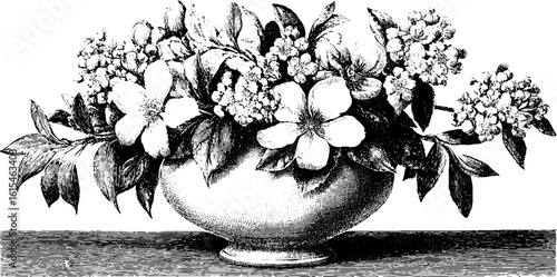 Vintage engraved illustration of vase with blooming flowers for retro design