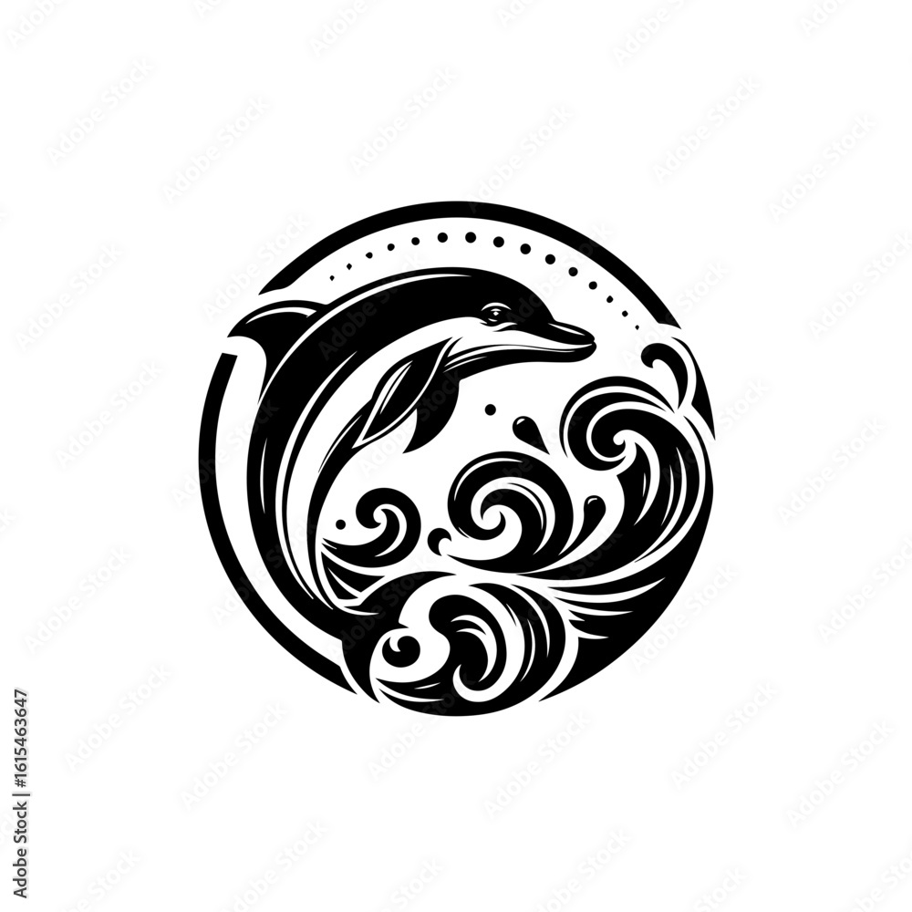 Naklejka premium Stylized dolphin leaping through waves in a circular design