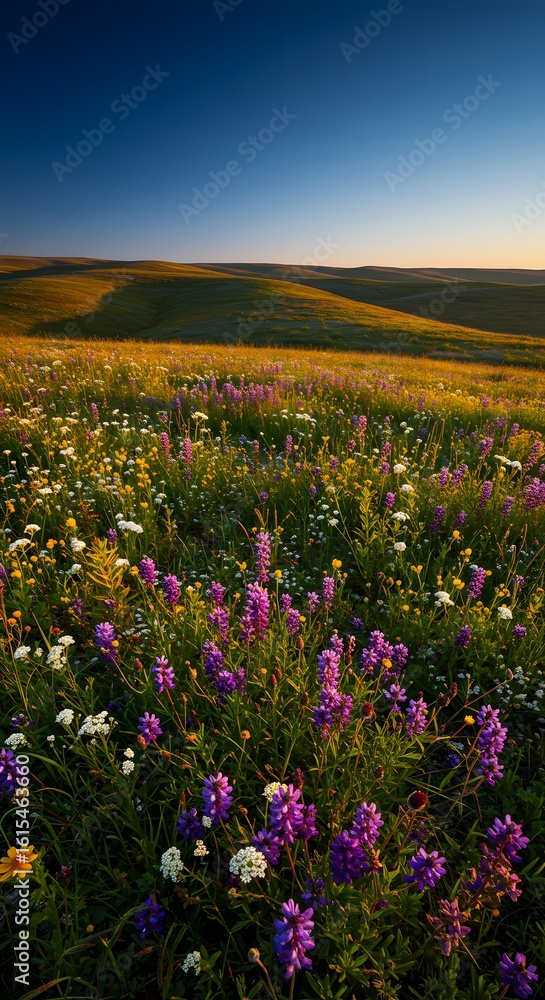 Obraz premium Rolling hills and wildflowers under clear blue sky