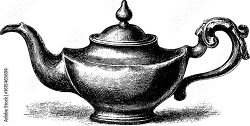 Vintage teapot with arched spout engraved illustration design for retro decor