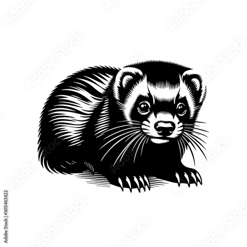 A black and white illustration of a ferret
