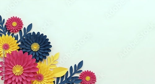 Vibrant paper cut flowers and leaves in pink, yellow, and blue arranged in a corner on a light background