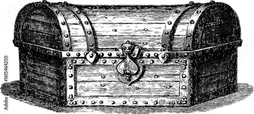 Vintage hand drawn engraving of a wooden chest with iron bands - silhouette design for retro decor