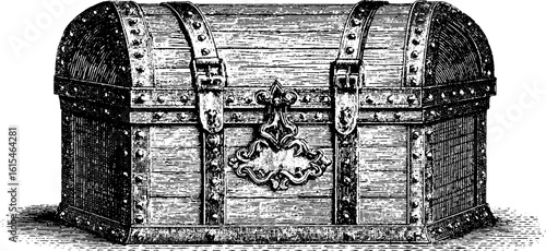 Vintage engraved illustration of a wooden chest with iron details for design and decor
