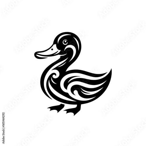 A stylized black and white illustration of a duck