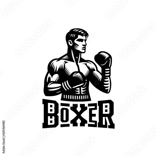 Muscular boxer with gloves, isolated on white background