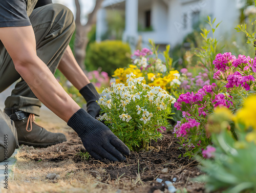Gardening Enthusiast Planting Flowers for Beautiful Landscaping with Helping Hands in Gloves