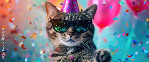 digital art of cool cat wearing party hat and sunglasses, birthday background, bright colors, happy mood