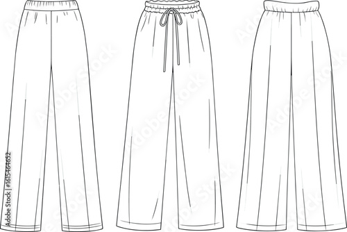 Women's relaxed wide leg pants flat sketch, drawstring elastic waist lounge trousers fashion CAD technical vector for apparel illustration