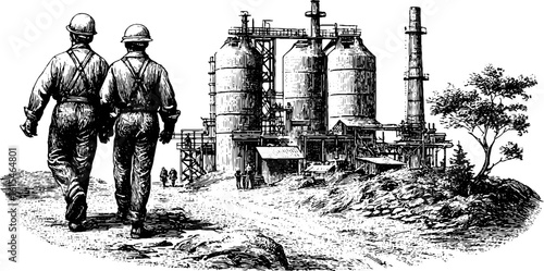 Industrial workers near blast furnace engraving - vintage illustration for retro design