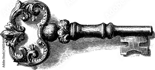 Vintage engraved illustration of a wrought iron skeleton key for design and decor
