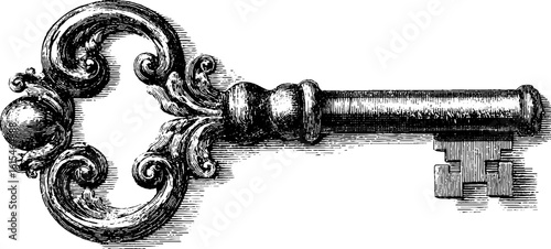 Vintage engraving of wrought iron skeleton key design for decorative use