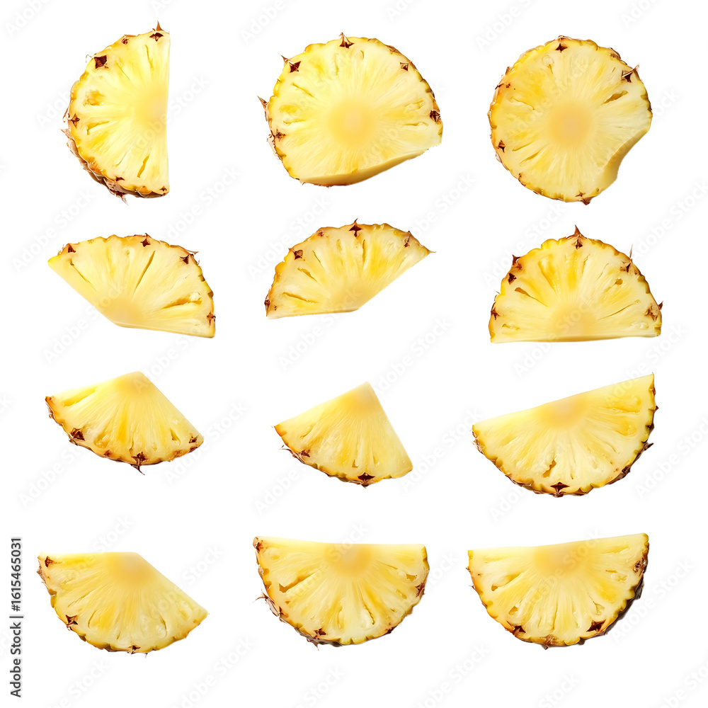 Naklejka premium Falling Pineapple Slices Isolated on White Background