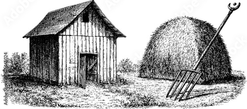 Rustic farm scene with barn, hay bale, and pitchfork engraved illustration for vintage design