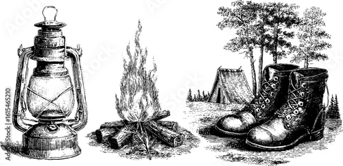 Rustic camping essentials: engraved lantern, campfire, and outdoor gear for adventure enthusiasts