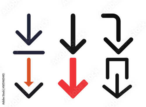 Different types of arrows pointing downward, indicating movement or direction