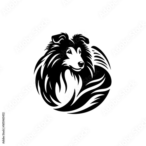 Stylized black and white portrait of a shetland sheepdog