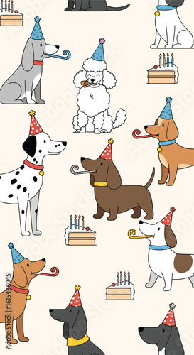 A whimsical collection of adorable dogs celebrating a birthday party with festive hats and blowers