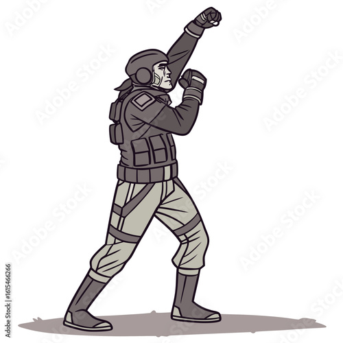 Stylized illustration of a soldier in tactical gear demonstrating a punching stance
