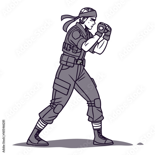 Stylized illustration of a female soldier in a fighting stance with tactical gear and headband