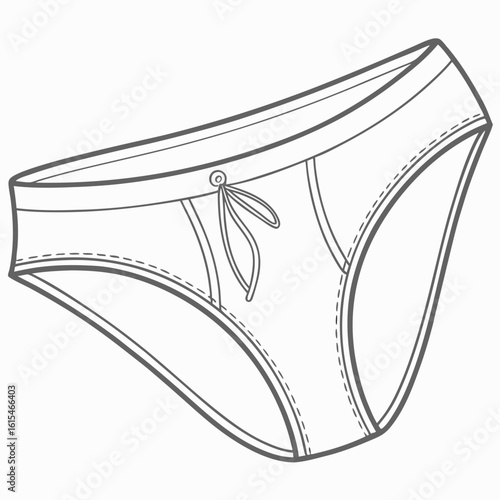 Detailed line drawing of a men s swim brief with a drawstring and contrasting stitching