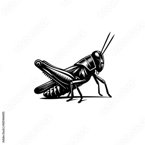A grasshopper rests on its hind legs with its front legs tucked