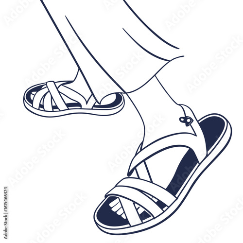 A minimalist line art illustration of a person walking in stylish dark blue sandals and flowing pants