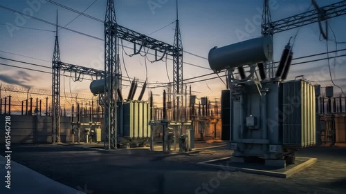 A substation operates at dusk, its transformers humming as they manage power, a critical part of the electricity grid and transmission infrastructure.