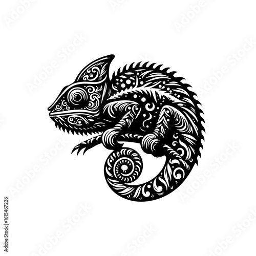 Tribal chameleon art with ornate patterns in black and white