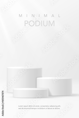 Realistic 3D white cylindrical steps podium background with round stand pedestal, Clean empty wall scene. Minimal mockup, cosmetic product promotion display banner, stage showcase.