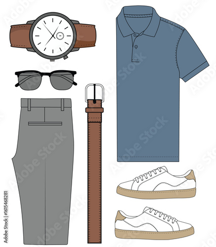 Men's Clothing and Accessories Outline Vector Illustration	