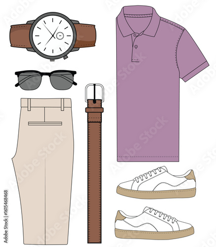 Men's Clothing and Accessories Outline Vector Illustration	