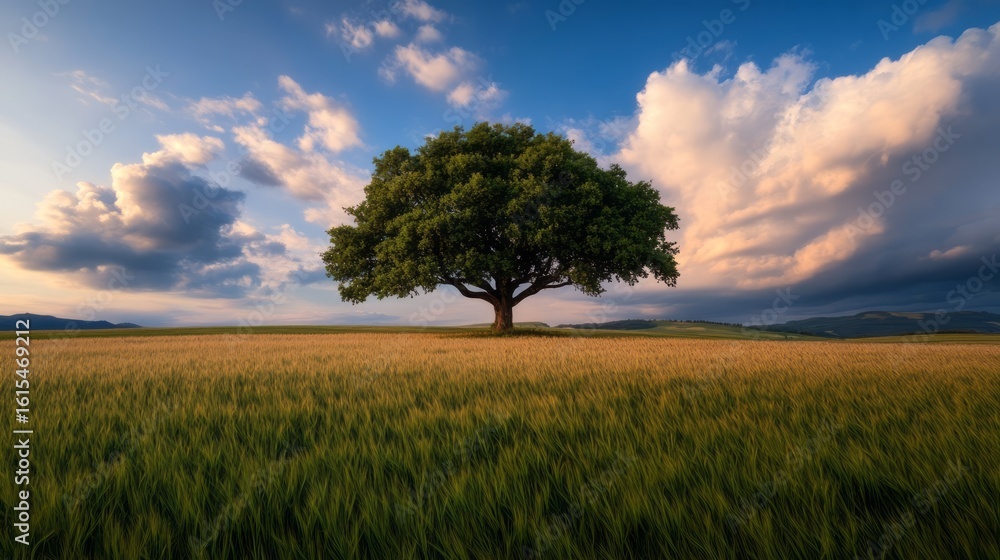 Fototapeta premium Majestic Lone Tree on Golden Field Under Dramatic Sky During Sunrise or Sunset