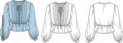 cad drawing flat vector illustration, women's blouse with long puff sleeves, ruffles, drawstring neckline, peplum waist, front, back views