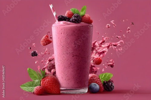 Berry smoothie with strawberry, raspberry and blueberry in a glass. Fresh smoothie. Healthy lifestyle berry drink. Vitamins and nutrients. Summer drink. Antioxidant. Diet low calorie drink