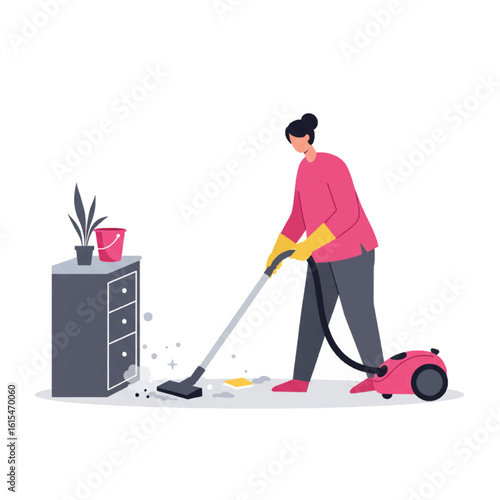 Woman Vacuuming Floor with Pink Vacuum Cleaner