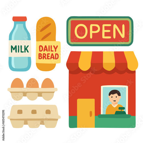  A set of vector icons for a local grocery store and daily products. Flat vector elements, small corner shop- milk bottle, daily bread, eggs carton, cashier window