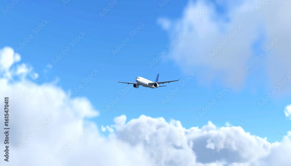 Fototapeta premium Airplane Soaring Through Bright Blue Sky with Fluffy White Clouds