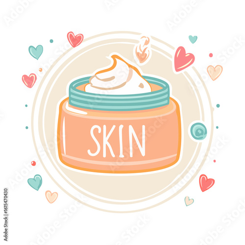 A cute vector illustration of a skin cream jar, a concept for skincare and self-love. Cute cream jar shape with heart, nude and coral tones.