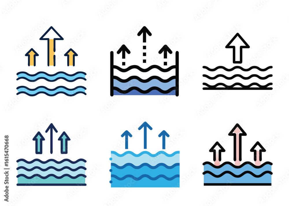 Fototapeta premium Various vector icon illustrations depicting rising upward flow from water surfaces