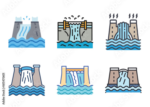 Collection of Hydroelectric Dam Icons with Cascading Water and Energy Production