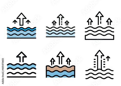 Diagrammatic representation of fluid flow or evaporation with varied conditions